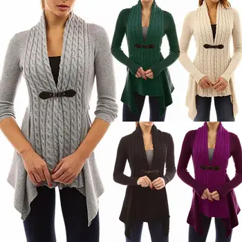 

Women Fall Winter Fashion Buttoned Long Twist Irregular Buckle Braid Front Sweater Jacket (S-4XL)