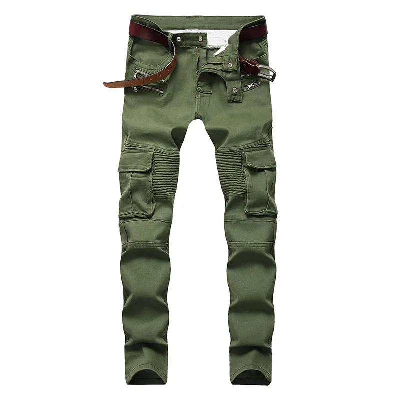 Mcikkny Fashion Mens Biker Jeans Pants Multi Pockets Motorcycle Denim Trousers For Male Army Green (7)