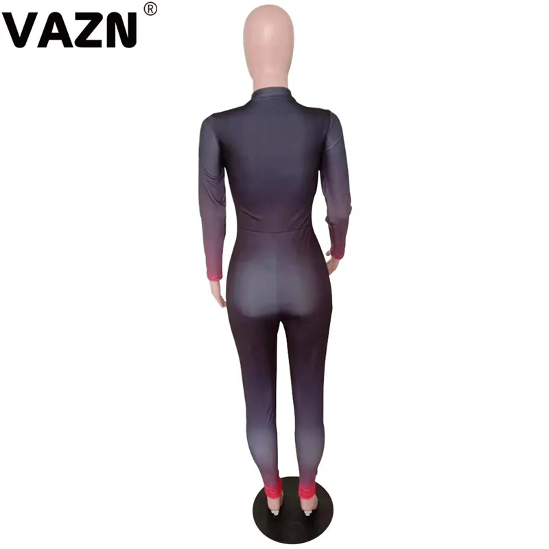 VAZN FST7052 шикарный продукт осенний сексуальный женский фиолетовый длинный комбинезон с длинным рукавом на молнии с надписью jumpauit Обтягивающие Комбинезоны