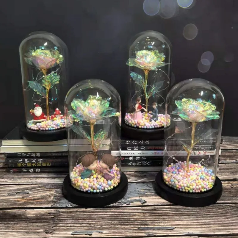 Artificial Plastic Galaxy Rose Flower With LED String Light In Glass Dome On Wooden Base Valentine's Day gift For Wedding Party