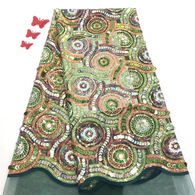 

Green Sequins Design French Tulle Lace Fabric High Quality African Lace Fabric Nigerian Sequins Mesh Lace Fabric For Wedding Sew