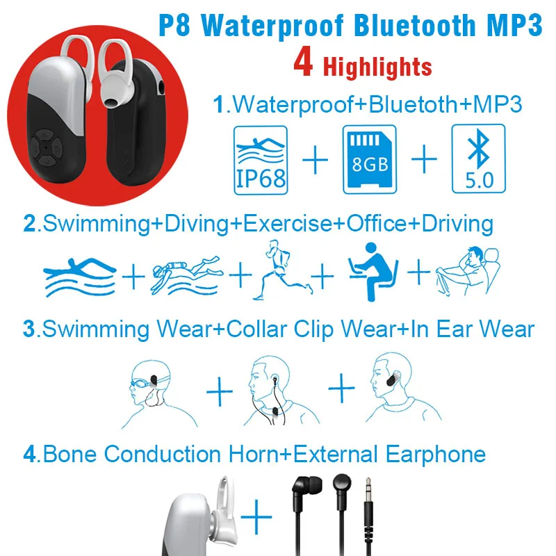 IPX8 водонепроницаемый Bluetooth MP3 плавание 8 Гб Дайвинг BT5.0 беспроводные наушники вкладыши костной проводимости наушники MP3 плейпер