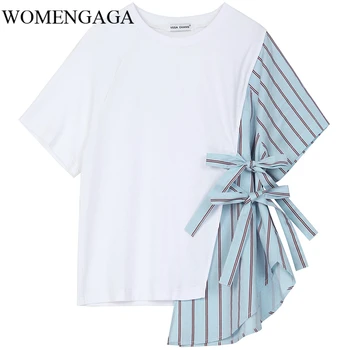

Loose Women White Striped Bandage Now Big Size T-shirt Round Neck Short Sleeve Fashion Tide Spring Autumn 2020 E9FZ