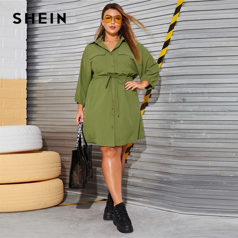 Billig SHEIN Plus Größe Armee Grün Kordelzug Taille Tasche Seite Fracht Hemd Kleid Frauen Herbst Hohe Taille Ausgestelltes Casual Plus Kleider
