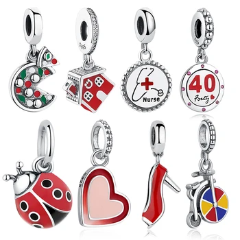 

Genuine 925 Sterling Silver Beads Red Pizza House Nurse Heart Pendant Charms Fit Pandora Bracelets DIY Original Jewelry