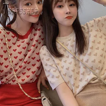 

2019 New Fashion Round Neck Women Sweater Lovely Heart Embroidery Short Sleeve Female Sweaters