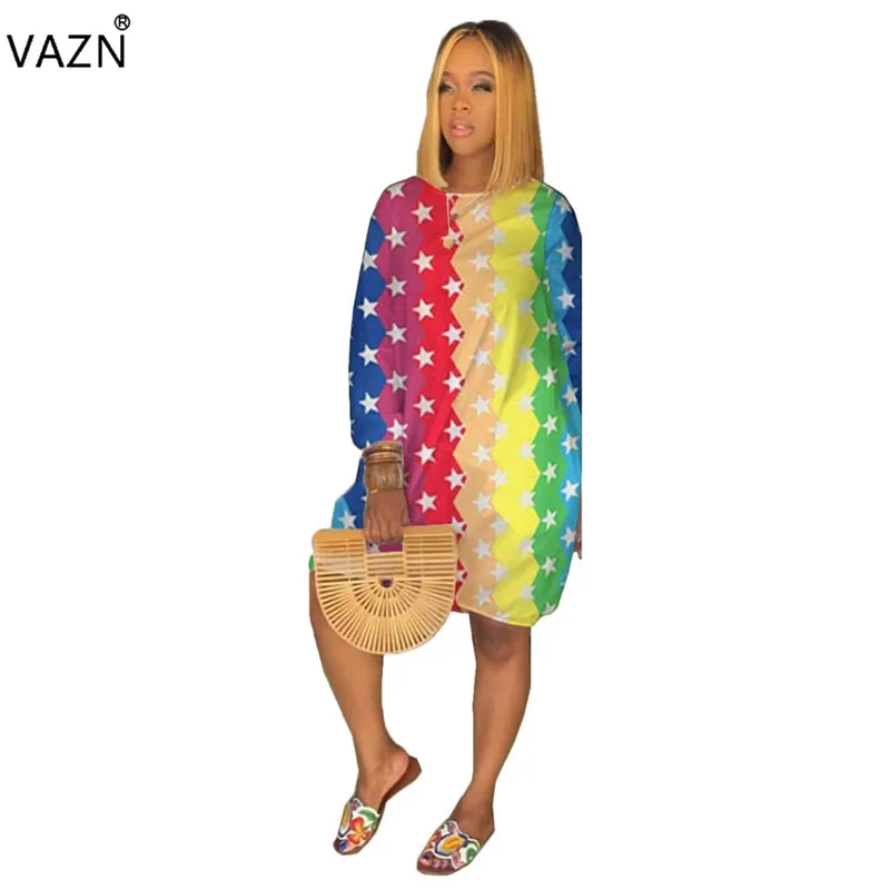 VAZN BLX7329, новинка, летнее сексуальное свободное платье 3 цветов, футболка с короткими рукавами и круглым вырезом, платье, сексуальное Повседневное платье с принтом для девочек - Цвет: star