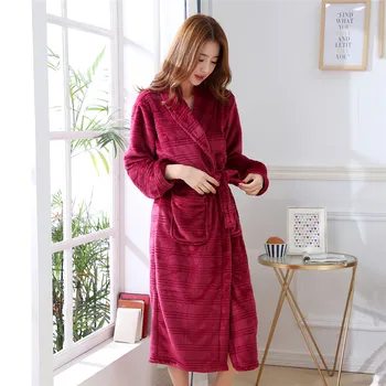 

V-neck Robe Women Sleepwear Burgundy Coral Fleece Nightwear Casual Kimono Bath Gown Soft Home Clothing Nightgown Thick Warm