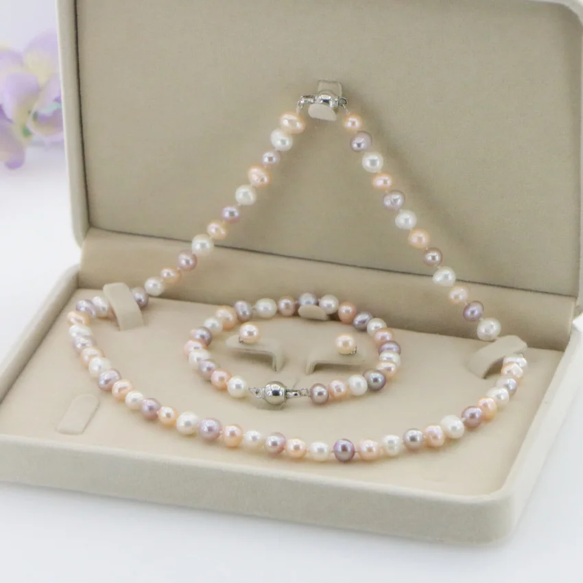 New Fashion Girl 6-7MM White real natural Pearl Necklace Bracelet Earring Wedding Jewelry Set Beads for Jewelry Making Woman Gif