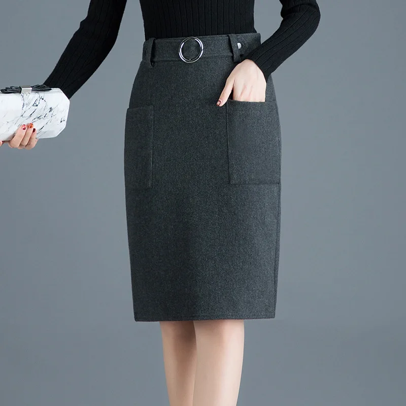 

2019 Autumn & Winter New Arrival Black Woolen Skirt OL High Waist Stretch Skirt Women Pocket Skirt With Belt Free Shipping