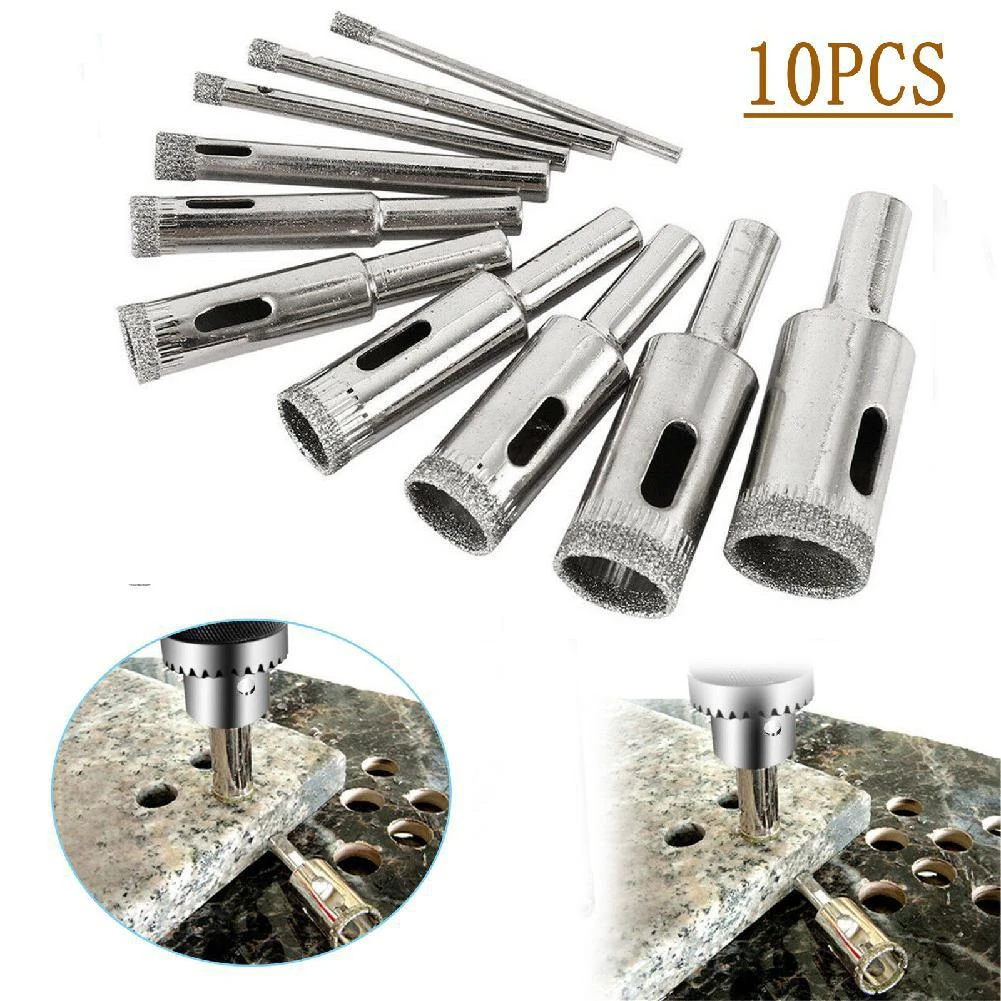 10Pcs Diamond Hole Drill Bit Set Glass Marble Ceramics Hole Saw Cutter Tool