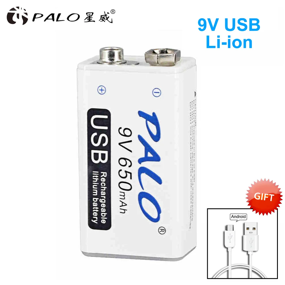 PALO 9V USB литиевая батарея 650mAh 6F22 литий-ионная аккумуляторная батарея для игрушек массажеры мультиметры гитара с USB кабелем - Цвет: 1pcs with cable