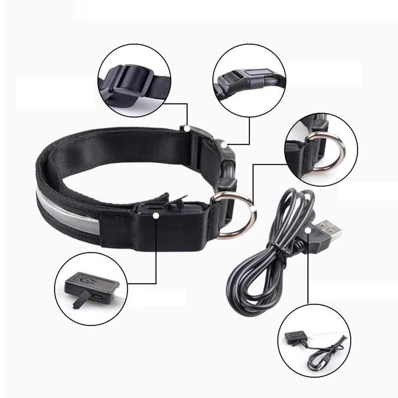 Engraved ID LED Luminous USB Dog Collar Personalized Nylon Pet Collar