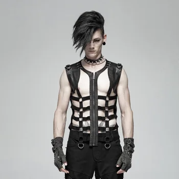 

PUNK RAVE Men's Punk Vest Black Skeleton Pu Personality Hollow-out Vest with Metal Leather Tab and Eyelet Trim Men Tank Tops