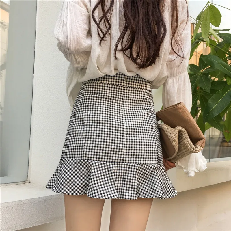 

Summer New Style WOMEN'S Dress Fresh Plaid Sheath A- line Short Skirt Students High-waisted Slimming Flounced Fishtail Skirt