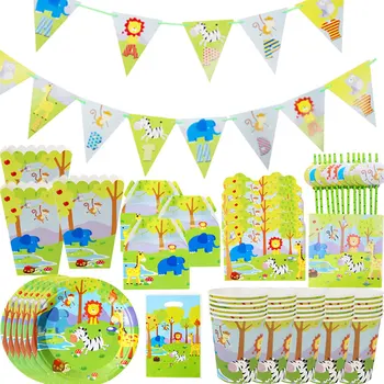 

Cartoon Jungle Animal Disposable Plate Balloon Straw Insert Party Theme Decorations Birthday Party Baby Bath Decorations