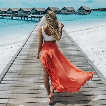 

Jastie 2020 Women Skirt Summer Ruffle High Waist Bow Tie Skirts Ladies Split Slit Sexy Beach Skirt Bottoms Saias Female Faldas