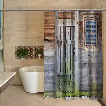 

Primitive Country Odorless Waterproof Shower Curtain Retro Neglected Old Farmhouse Rustic Wooden Door and Window Rural Large