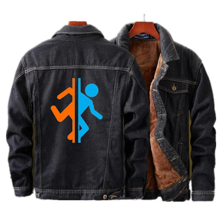 Portal Companion Cube winter Men Warm Fleece Denim Jacket Fashion Mens Jean Casual Bomber coat Hip Hop Retro Streetwear - Цвет: B