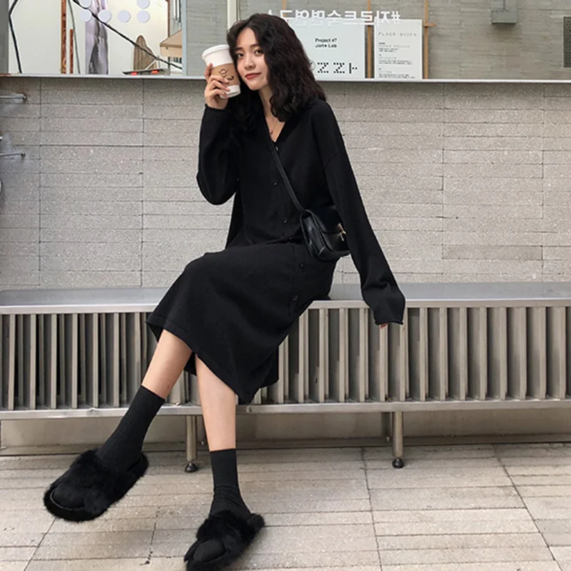 2021 Autumn Plus Size 4XL Women Dress Loose Long Sleeve Ladies Vestidos Khitted Design Button Dresses V-Neck Brand Robe KE1881
