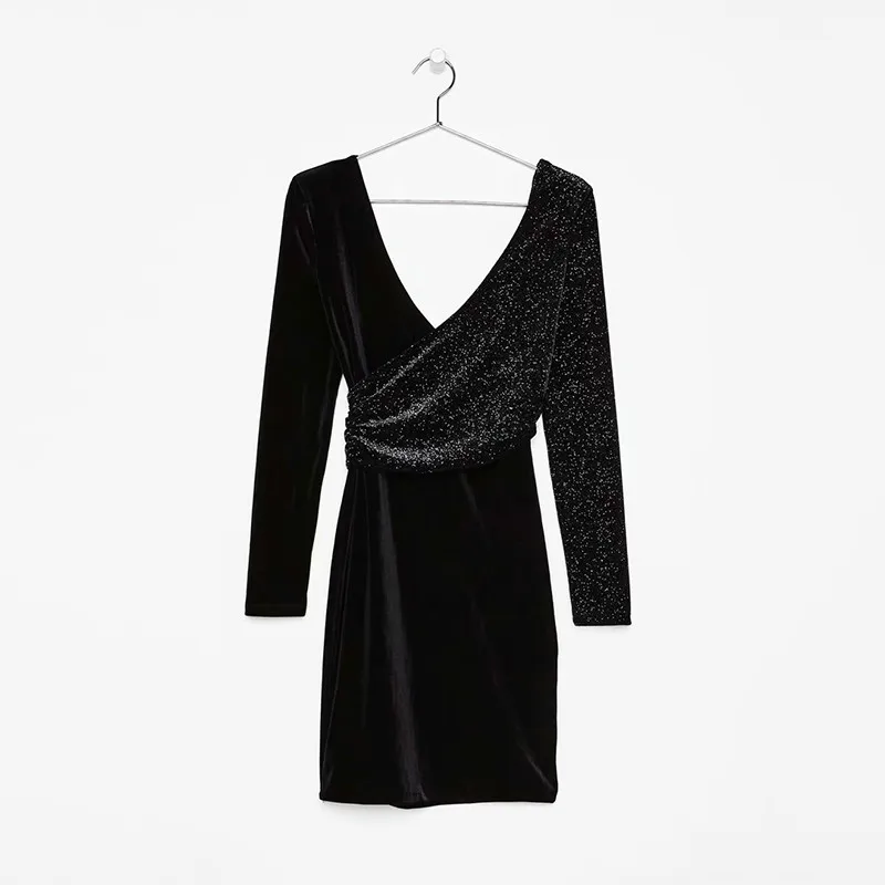 

Black Velvet Elegant Dresses Sexy V-Neck Diamond Party Women Dress Bling Wrap Chic Bodycon Dress Strapless Sequin Dress