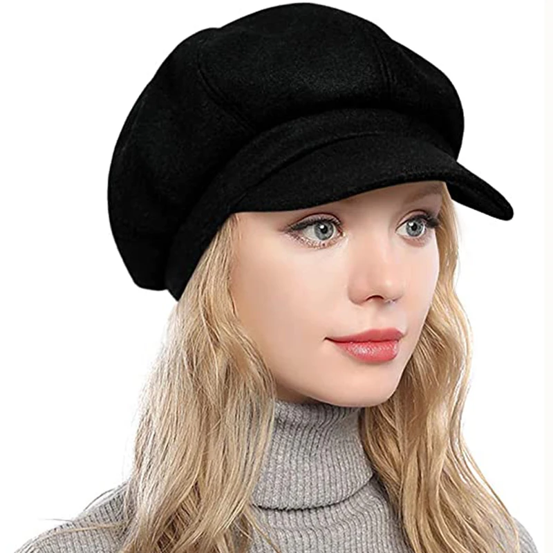 

Fashion Women Beret Wool Blended Hats Warm Casual Octagonal Newsboy Caps Cool Street Brim Hat Berets Solid Color Female Caps