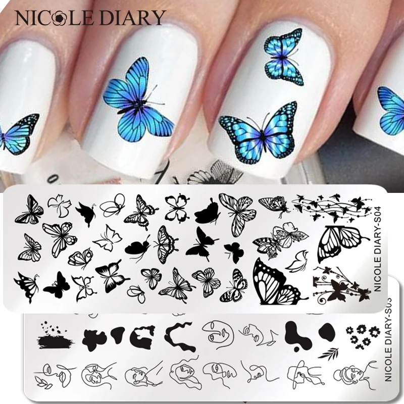 

NICOLE DIARY Butterfly Nail Art Stamping Plates Abstract Face Line Stamp Templates Mold Leaf Flower Geometric Printing Stencil