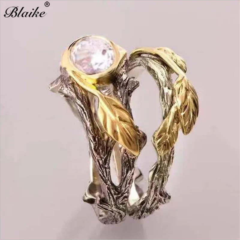 

Blaike 2 Pcs/Set 925 Silver Filled Tree Couple Rings Two Tone Leaf Branch Rings For Women Punk Jewelry Free Shipping