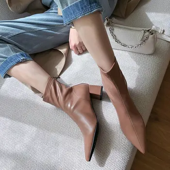 

Soft Leather Pointed Toe Chunky Middle Heels Woman Fashion Booties Stretchy Ankle Boots For Lady Sexy Winter Autumn Shoes Boots
