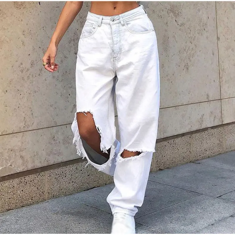 Women Vintage Low Rise Loose Wide Leg Trousers Harajuku White Ripped ...