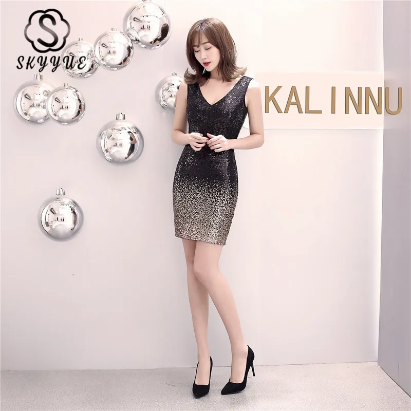 

Skyyue Evening 2019 Sexy Dress Sleeveless Sequin A-Line Robe De Soiree Empire V-Neck Tank Women Party Dresses C078