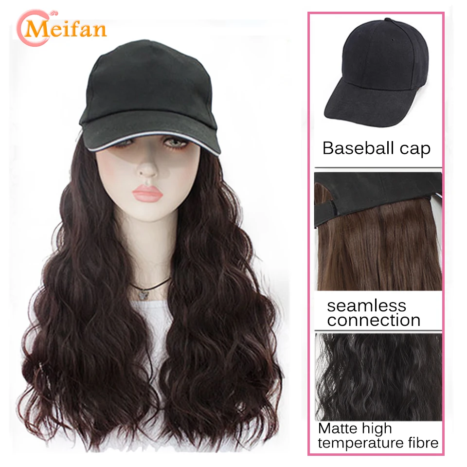 MEIFAN, регулируемый размер, бейсбольная шляпа, синтетический парик из волос, черный, коричневый цвет, длинные прямые волосы для наращивания с черной шляпой для женщин