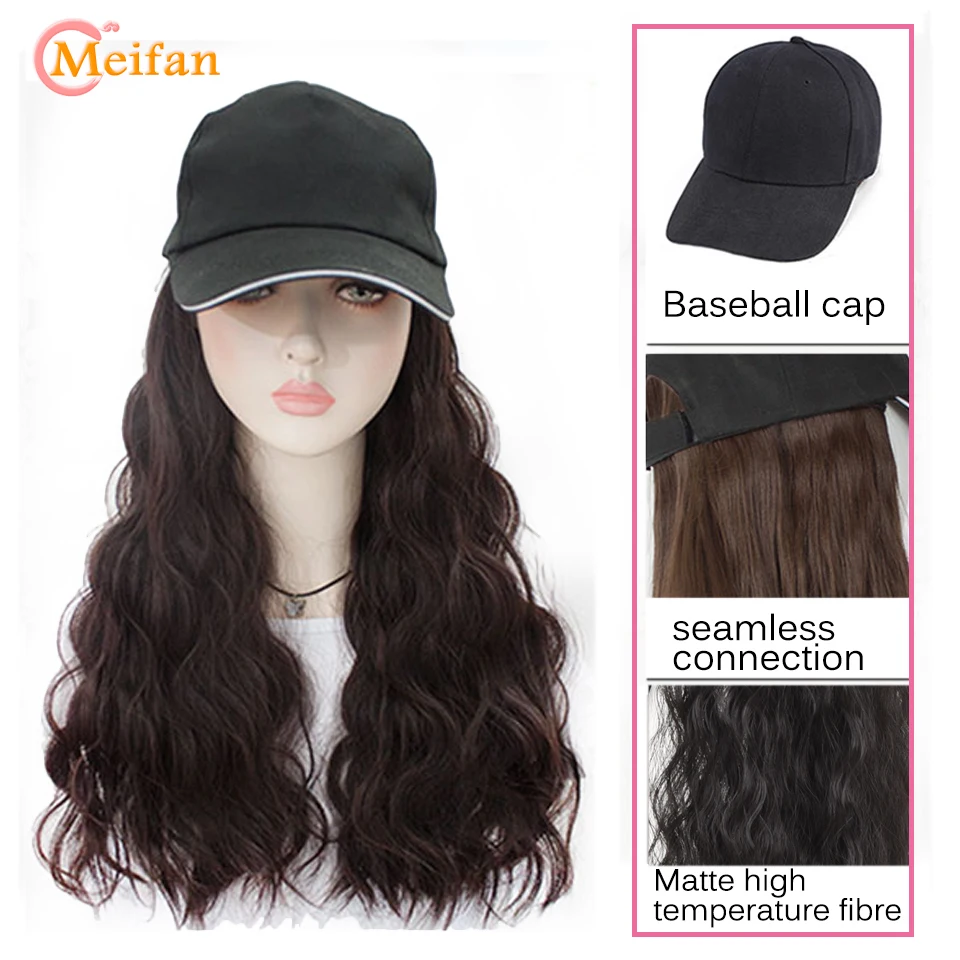 

MEIFAN Female Long Hair Wig with Hat Natural Connection Synthetic Fashion Net Red Trend Long Curly Hairstyle