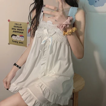 

Pajamas Two Piece Sets Women Summer Sweet Sexy Thin Lace Ruffle Cute Bowknot Suspenders Tops Shorts Solid Color Homewear Suit