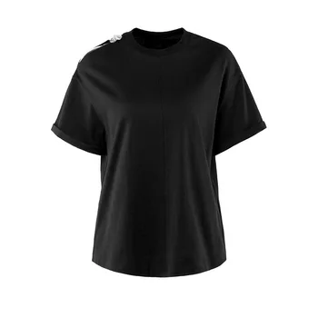 

Women's Wear Boutique Metal Buckle Single Shoulder Exposed Shoulder Loose Pure Cotton T Shirt