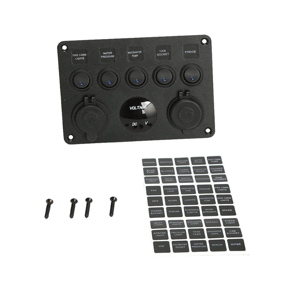 5 Gang LED Rocker Control Panel Switch Circuit Charger 12/24V-Yacht RV Car 