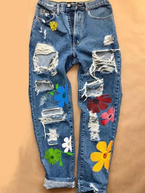 Pantalones vaqueros estampados cintura alta para mujer, jeans informales lavados, con agujero, de pierna recta, estilo hip hop|Pantalones vaqueros| -