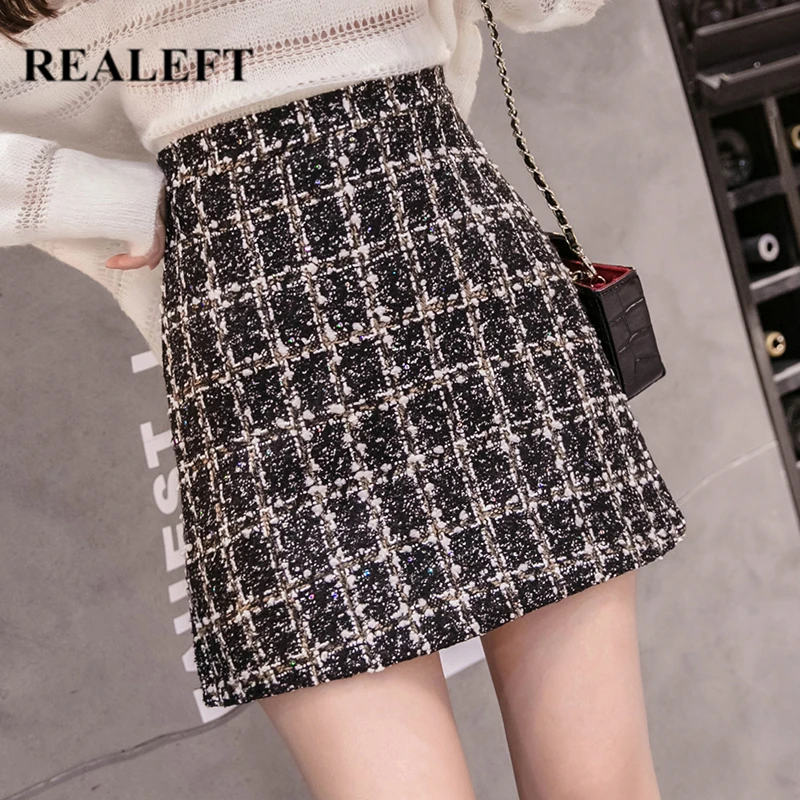 

REALEFT Autumn Winter Women Vintage Woolen Warm Plaid Mini Skirts High Waist Wrap Sexy A-Line Short Skirts 2019 New Arrival