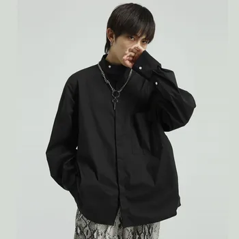 

Men Stand Collar Casual Long Sleeve Shirts Male Japan Korea Style Streetwear Hip Hop Dress Shirts White Black