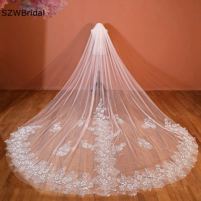 New Arrival Cathedral Wedding Veil Lace Applique Welon Ivory Voile