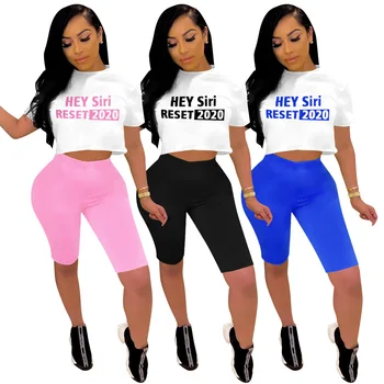 

2020 Summer Women's Suit European and American Hot Style Model Solid-color Letter Hey Siri Print Biker Shorts Two Piece Set