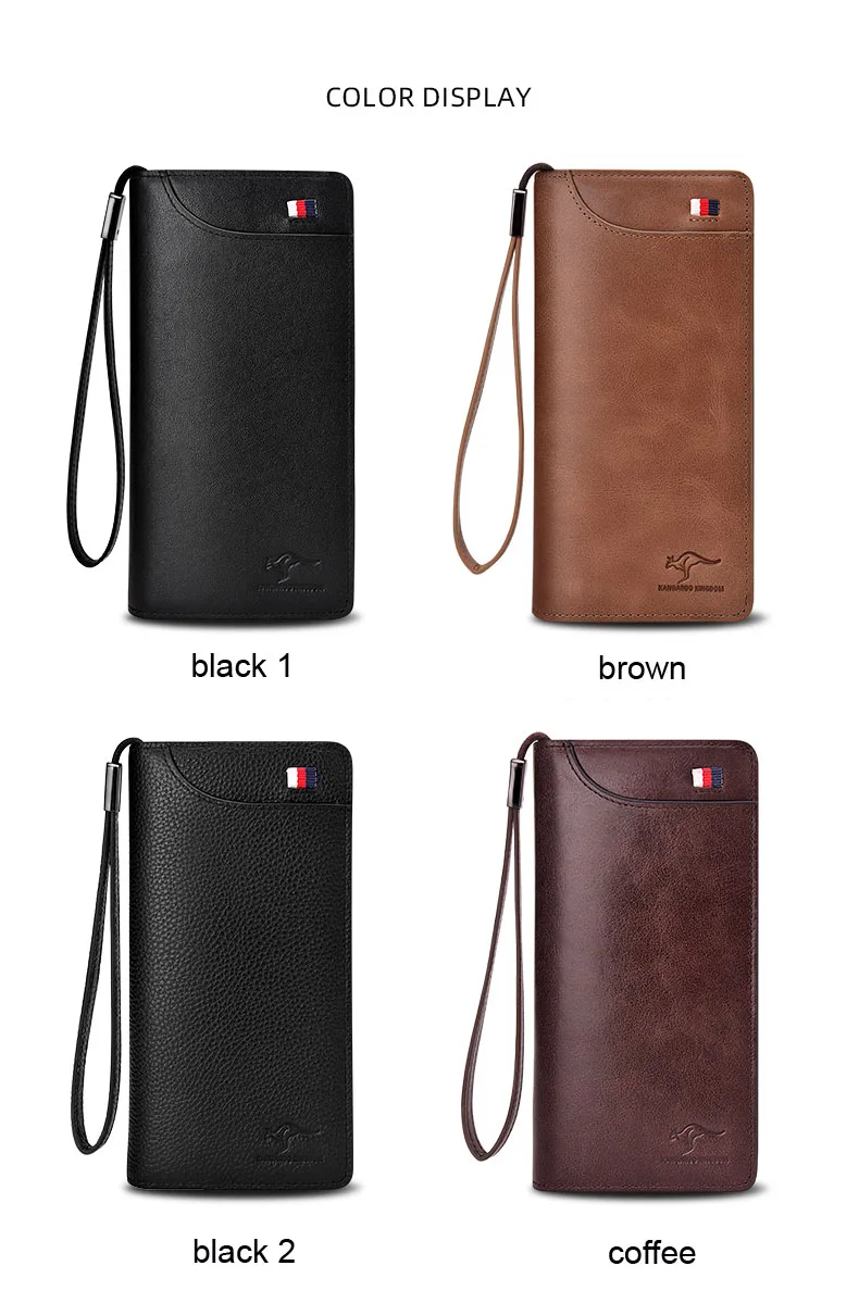 KANGAROO KINGDOM fashion luxury brand men wallets genuine leather long zipper clutch purse large capacity card holder phone wall