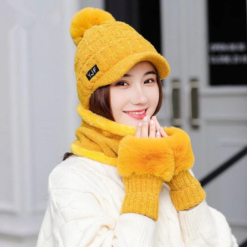 

Winter Hat Skullies Women Winter Wool Scarf Hat Balaclava Mask Golas Hat Knitted Hat Gloves Three-Piece Set
