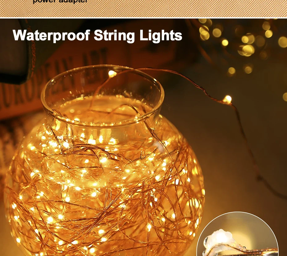 100 светодиодный Сказочный светильник s, светильник на цепочке, гирлянды, светильники в форме винных бутылок, медная проволока для вечерние, рождественские, уличные, для патио, звездная лампа