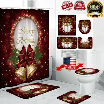 

Christmas Waterproof Bathroom Shower Curtain 4 pcs/set Bath Mat Set Toilet Seat Cover Bath Mat Non-Slip Rug Toilet Pad Cover