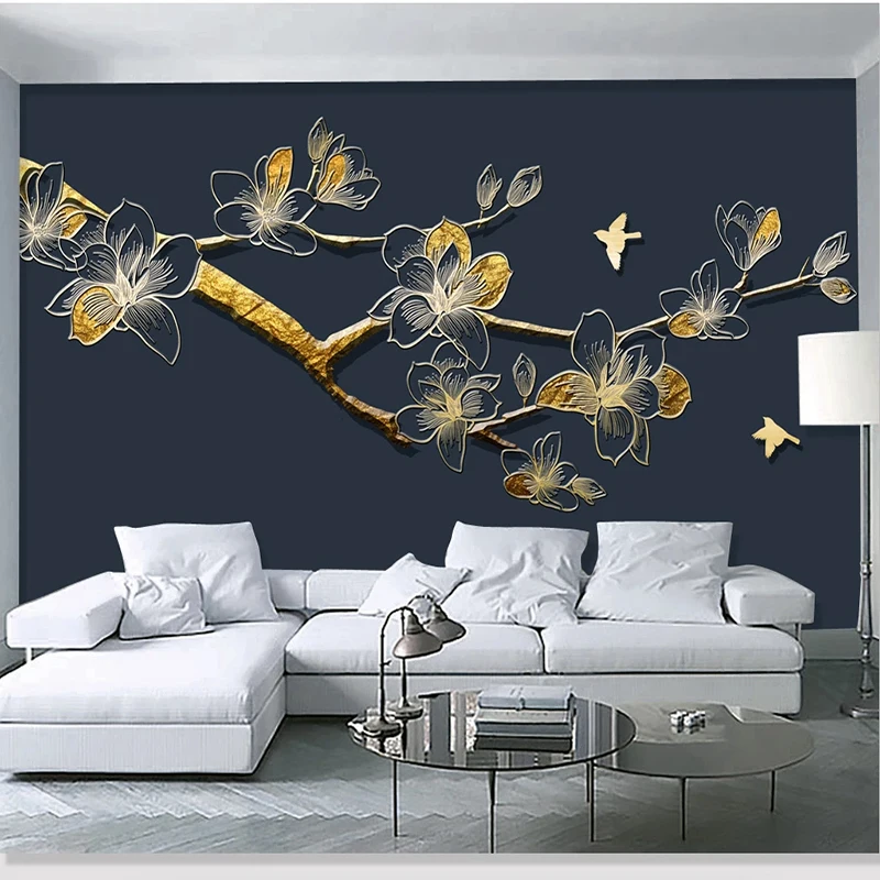 Chinese Style Modern Golden Relief Line Magnolia Branch Wallpapers Living Room Sofa Wall Decor Wall Paper 3D Fresco Wall Cloth