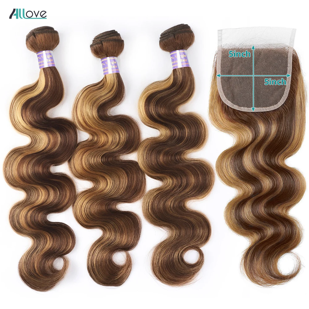 5x5 Closure With Bundles Highlight Bundles With Closure Transparent P4/27 Ombre Honey Blonde Body Wave human hair bundles