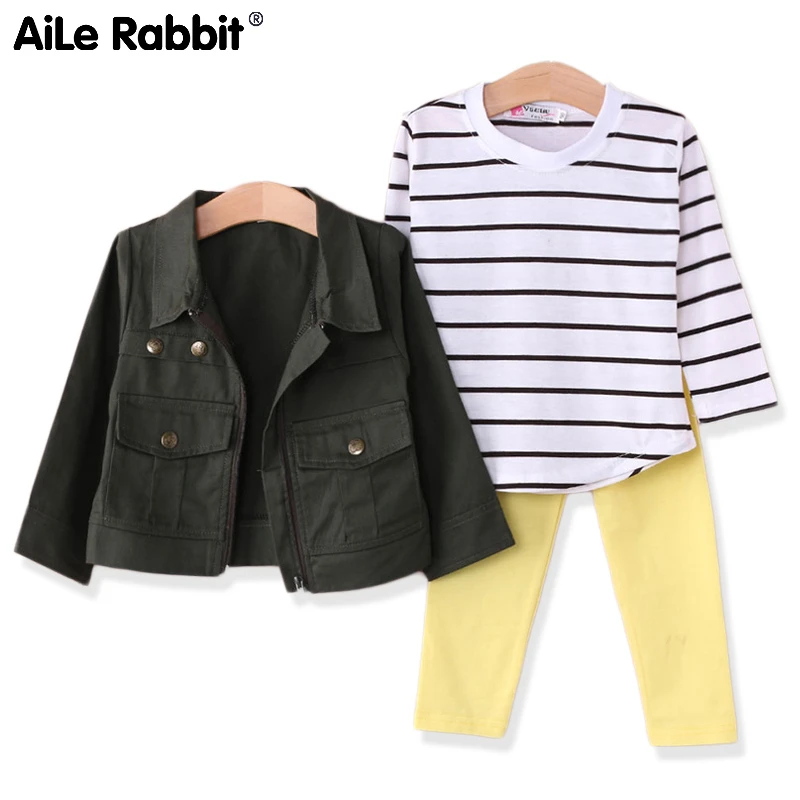 

INS Style Girl Suit Jacket T-Shirt Pants 3 Piece Set Striped Top Fashion Set Children's Wear Set For Girls k1