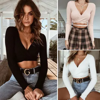 

Sexy T-Shirt Women Autumn Solid Deep V-Neck Bandage Crop Tops Long Sleeve Casual Clothes Plus Size