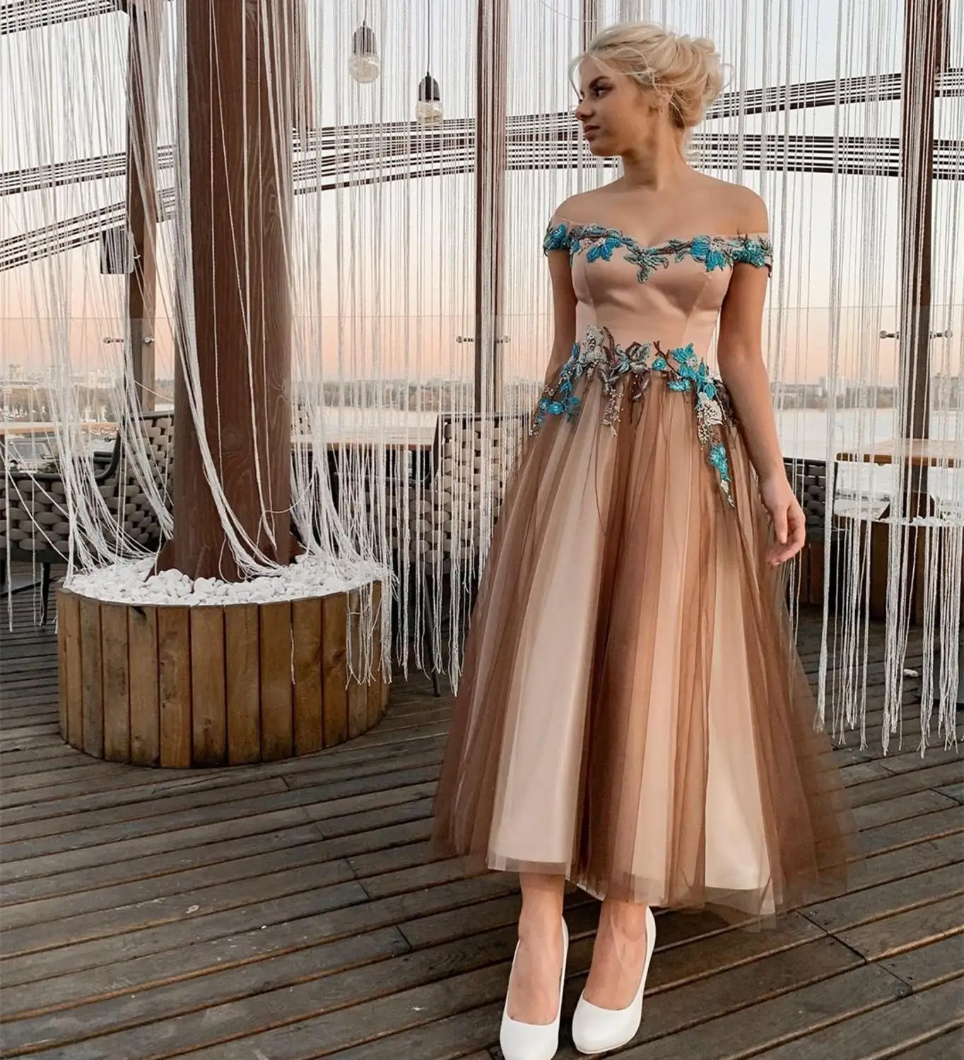 

Green Evening Dress Women 2020 Short A-Line Off Shoulder Hand Made Flowers Women Girl Party Gowns Formal Elegant Ankle Length